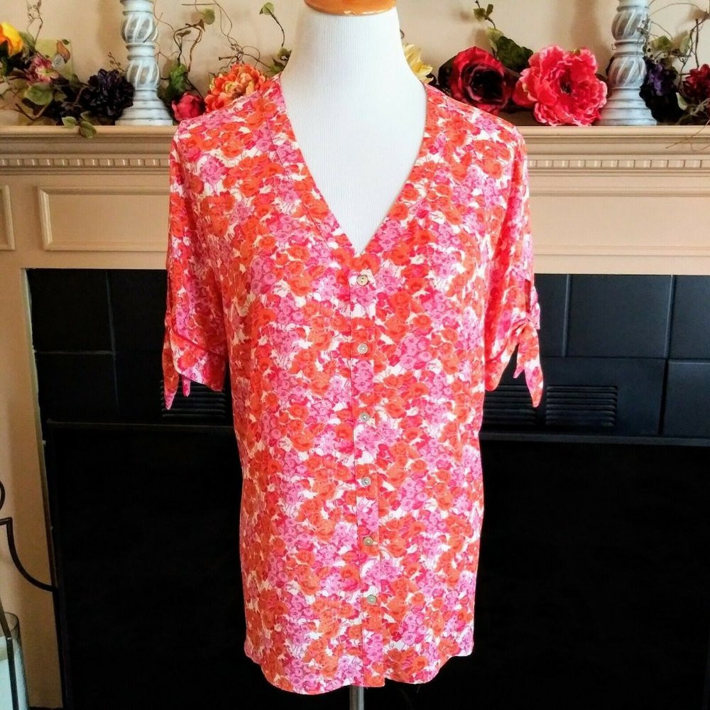 Cynthia Rowley Tie Sleeve Button Front Blouse XL Orange Pink Floral MOP Buttons